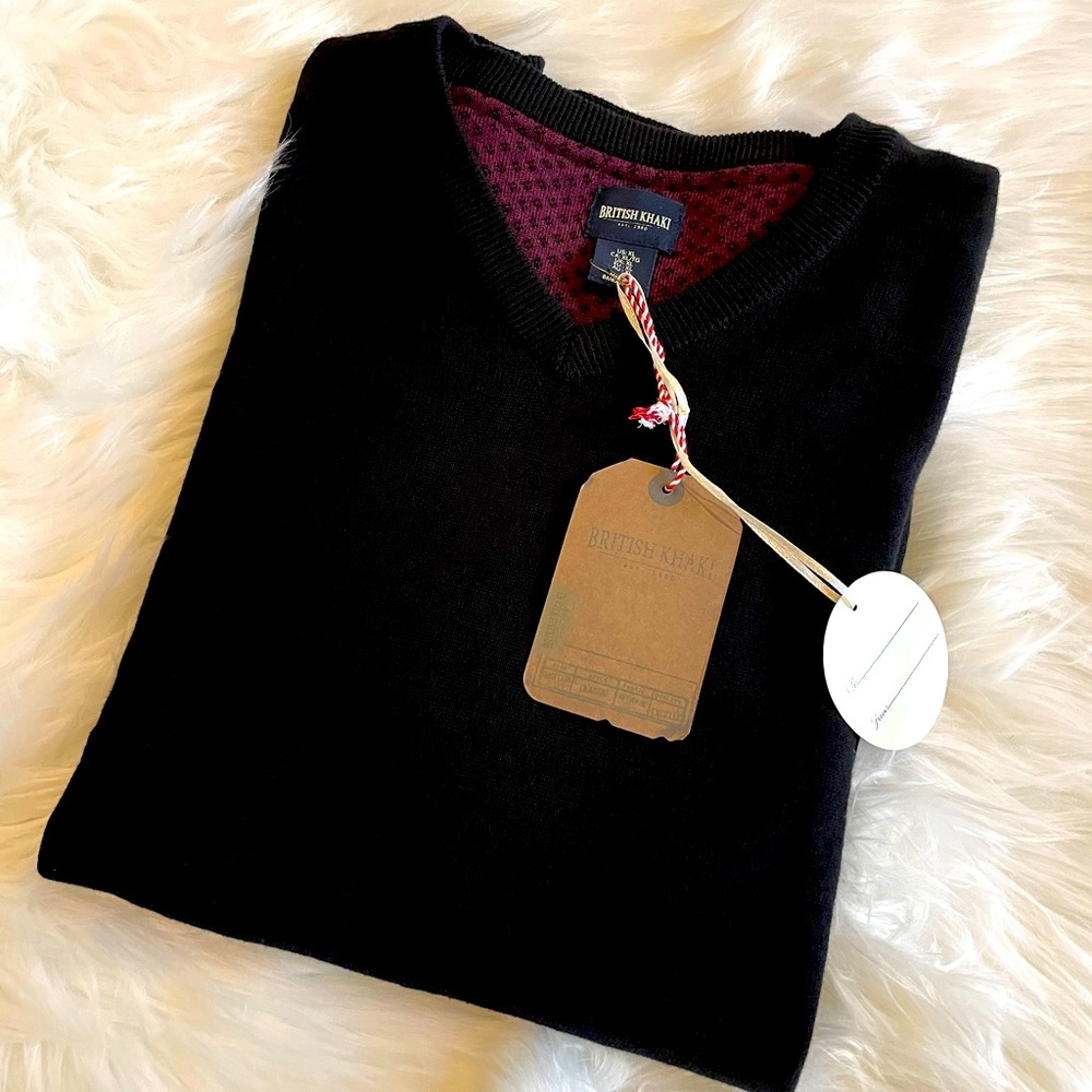 British khaki v-neck black sweater